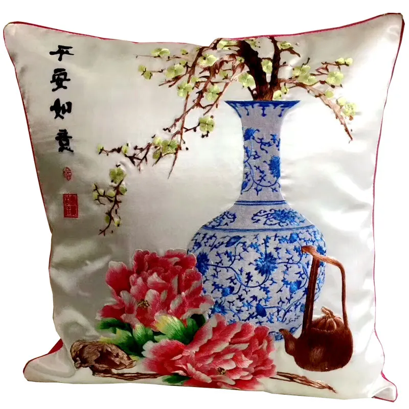 

Handmade Finished Mulberry Silk Suzhou Embroidery Sofa Car Seat pillow case cushion cover, peony and vase 45cm*45cm