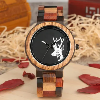 

Unique Mixed Color Wood Watch Men Creative Deer Head Elk Clock Man Retro Full Wooden Wrist Quartz Watch Top Luxury Men's Watches