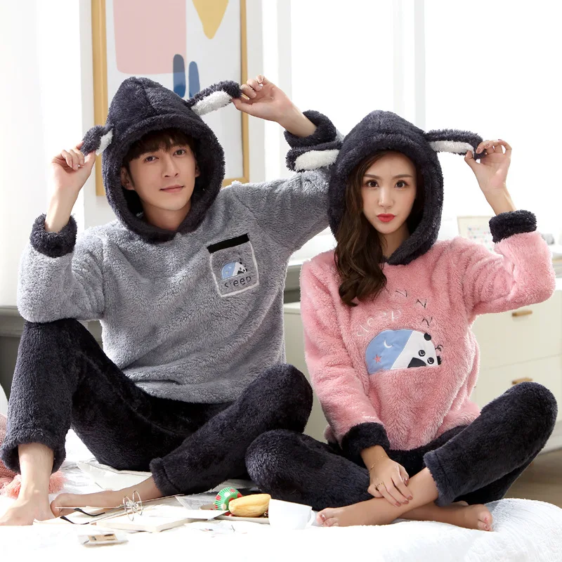 

JINUO New Arrival Products Winter Plush Thicken Pajama Sets Lovers Cartoon Sleepy Panda Warm Soft Home Wear Sleepwear