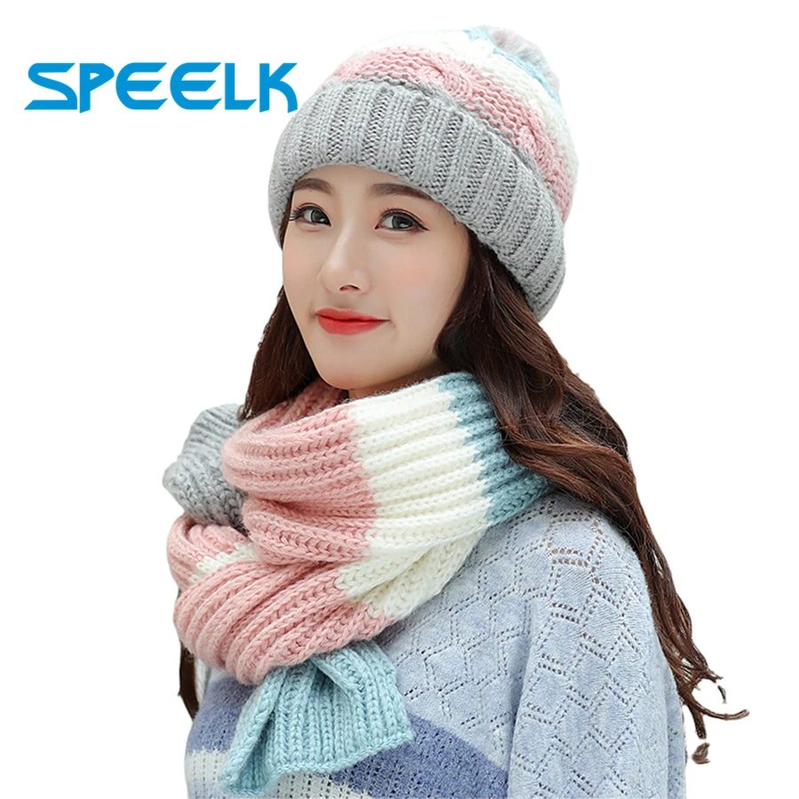 

Winter Knit Hat Scarf Two-piece Women Velvet Beanies Cap Lady Warm Wool Ball Caps Sweet Cute knitted Earmuffs Hats Female