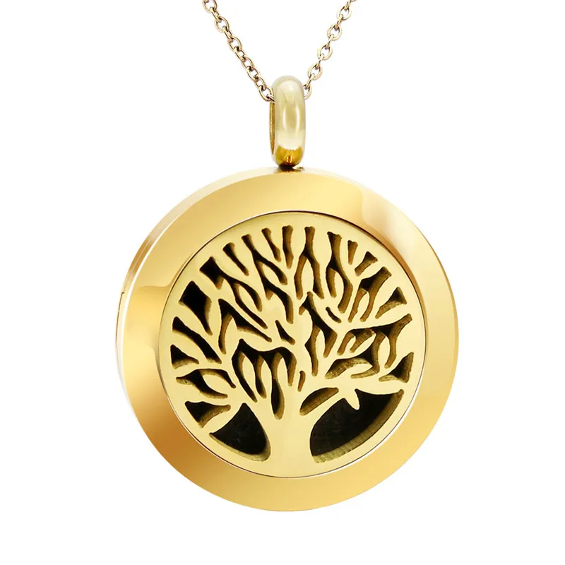 25mm gold diffuser Дерево жизни ароматерапия эфирное масло медальон со светорассеивателем подвески, ожерелья из нержавеющей стали для духов кулон для мужчин и женщин - Окраска металла: 25mm gold diffuser