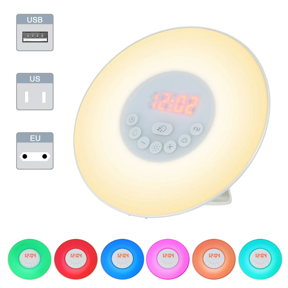 Wake up LED Night Light Sunrise Alarm Clock w/ FM Radio Bedside Sounds Xmas 