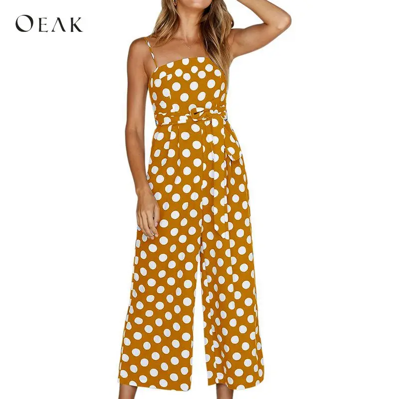

OEAK 2018 Polka Dots Print Jumpsuits Women Sexy Sleeveless Bandage Bow Long Wide Leg Playsuit Female Casual Elegant Jumpsuit
