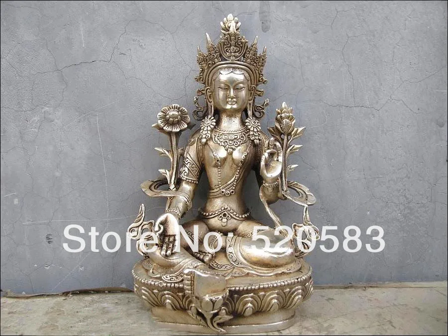

Tibet Buddhism White Bronze Silver Green TaRa Kwan-Yin Buddha Statue