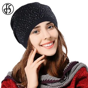 

FS 2018 Black Beige Knitted Winter Hats For Women Elegant Cashmere Cotton Slouchy Skullies Beanie With Rhinestone Double Deck