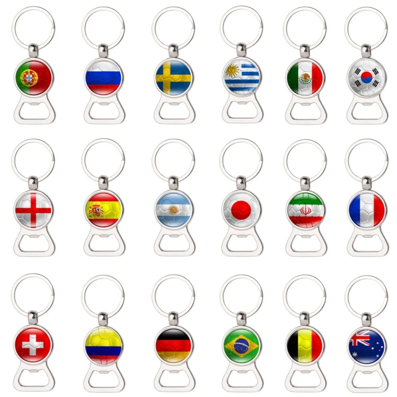 

Football Gift Bottle Opener International Football Match Flag Printed Football Pattern Key Holder Rings Soccer Fans Souvenir