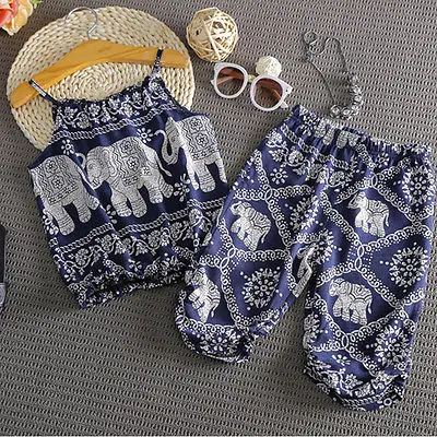 

Hot Summer Clothes Baby Kids Girls Elephant Vest Tops+Long Pants Set Suit Outfit