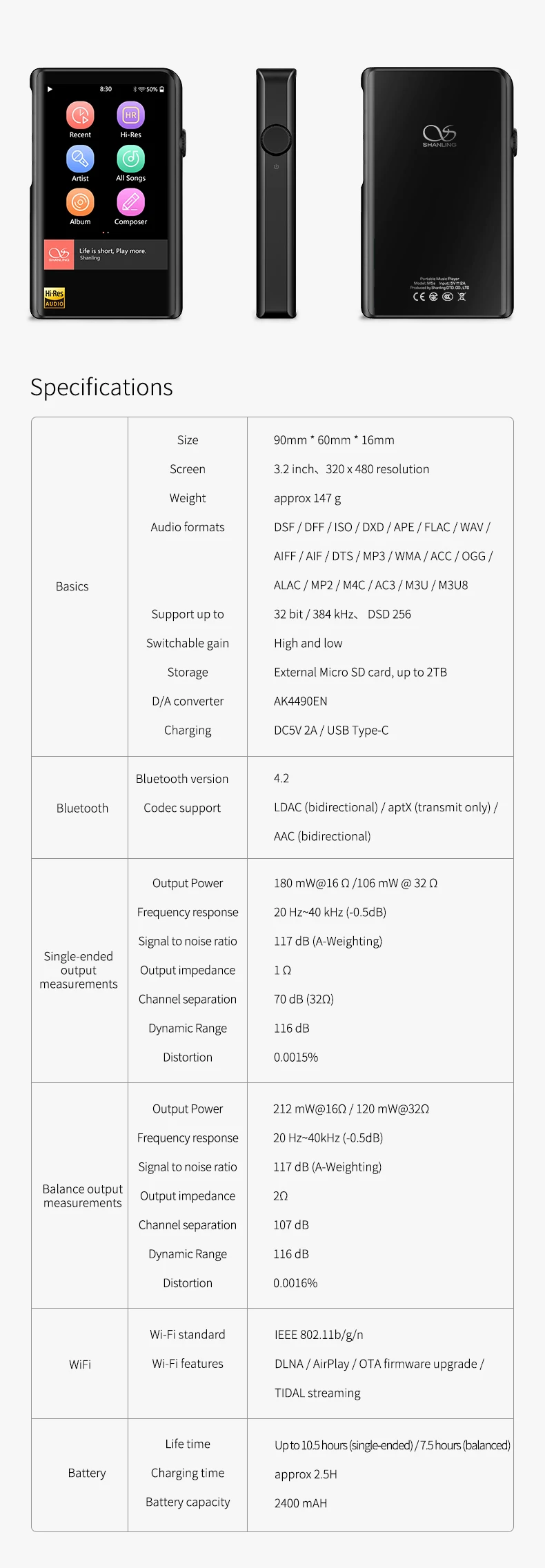 SHANLING M2X Bluetooth HIFI Portable Music Player MP3 Hi-Res AK4490 USB DAC DSD256 PCM384 2.5mm 3.5mm Output