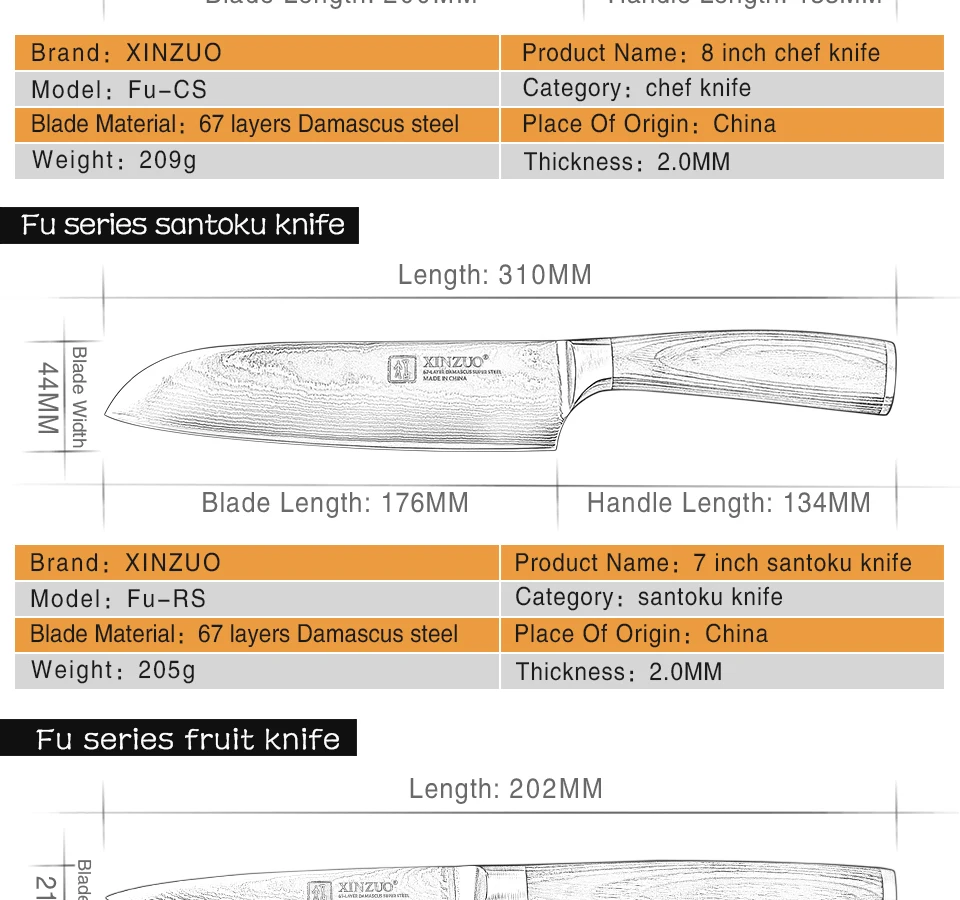 XINZUO 3 шт. набор кухонных столовых приборов японский шеф-повар Santoku Фруктовые Ножи Дамасская сталь кухонный нож Pakka Деревянная Ручка новое поступление