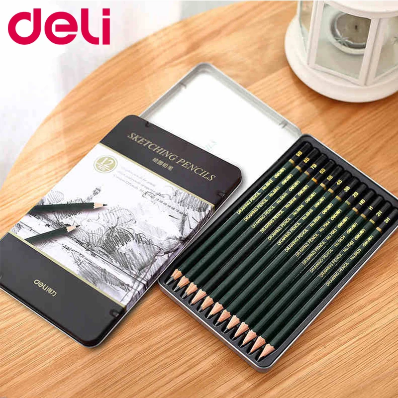 Deli 12pcs/set Professional Sketch Drawing Graphite Pencil Set 3H 2H H HB 2B 3B 4B 5B 6B 7B 8B 9B Black lead pencils sketch | Канцтовары