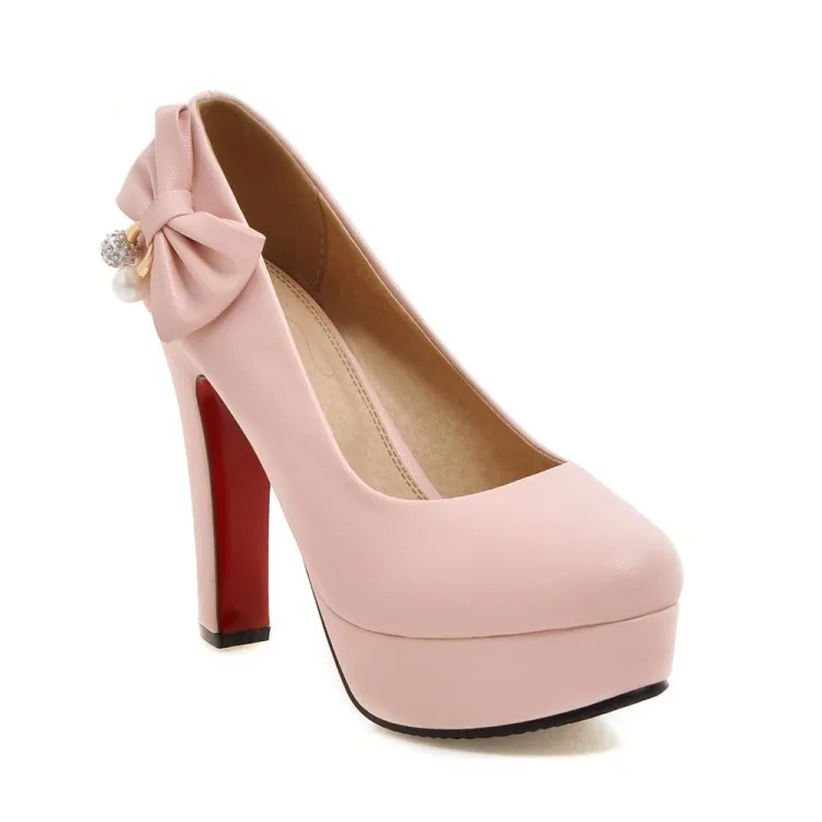 Г. Милые туфли на высоком толстом каблуке и платформе с бантом женские тонкие туфли маленькие и большие размеры 31, 32, 46, 47, свадебные туфли с красной подошвой - Цвет: Розовый