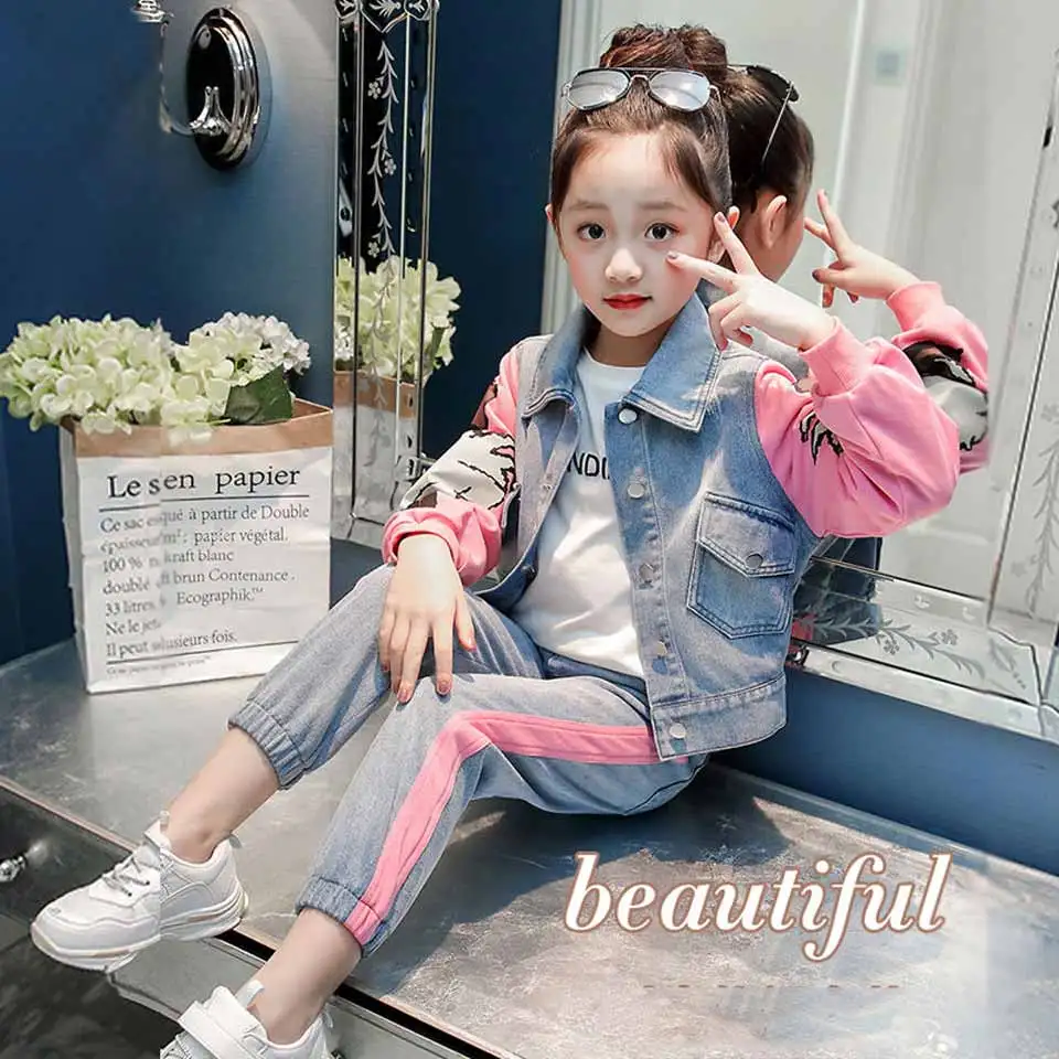 Autumn Girls Set Cartoon Pattern Jacket+Jeans Fashion Clothing For Girls Teenage Spring Clothes For Kids 4 6 8 12 13 Years