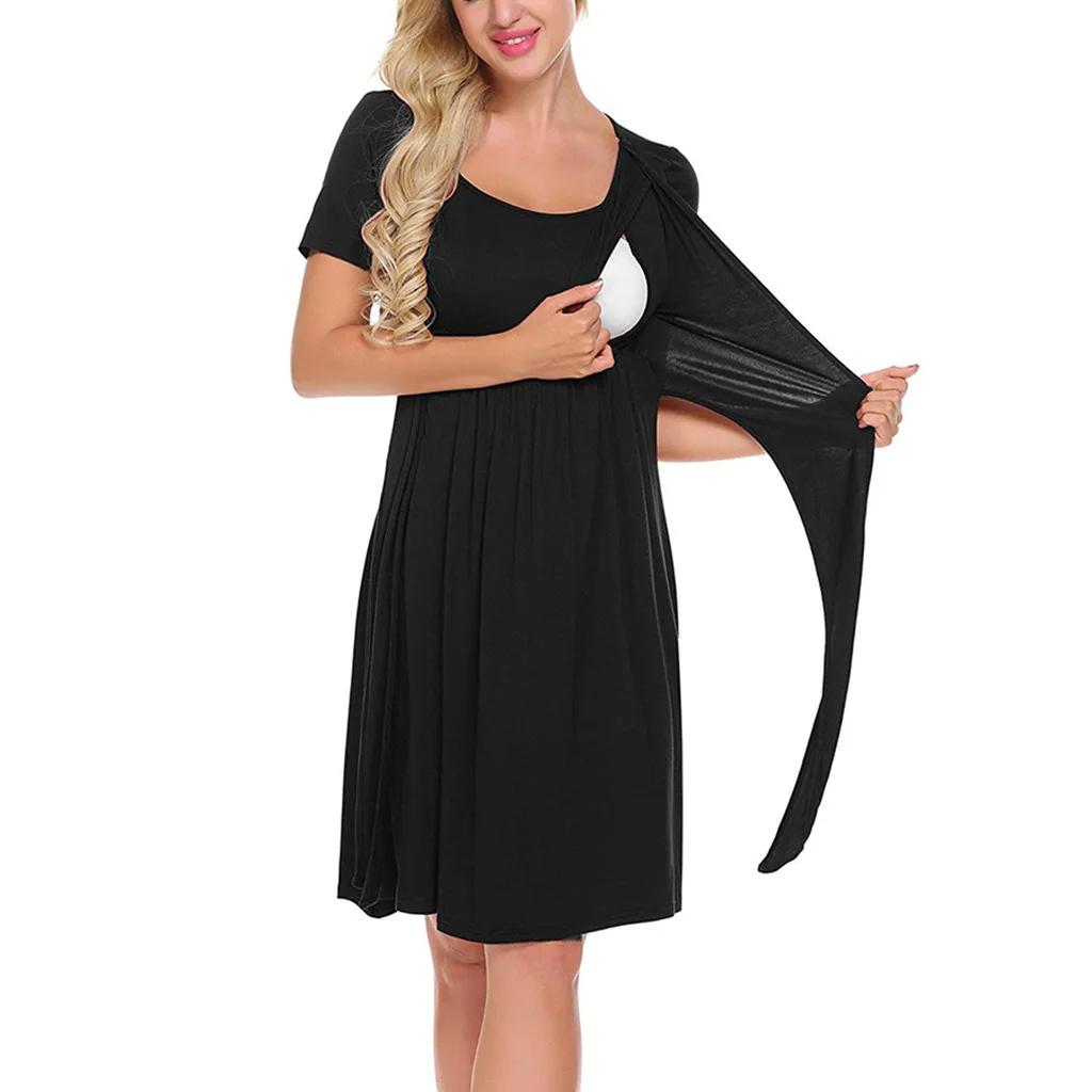 

Round neck short-sleeved straps maternity dress high waist long section soft month suit breastfeeding dress