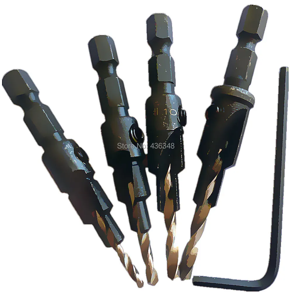 4pc Countersink Drill Bit Set Quick Change 1/4" Hex Shank Screw Size 6
