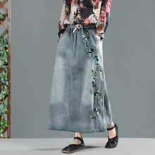 Сезон: весна–лето женская джинсовая юбка нации Стиль винтажный, вышитый, с цветочным узором, эластичная резинка на талии, свободные джинсы юбка плюс Размеры макси юбка