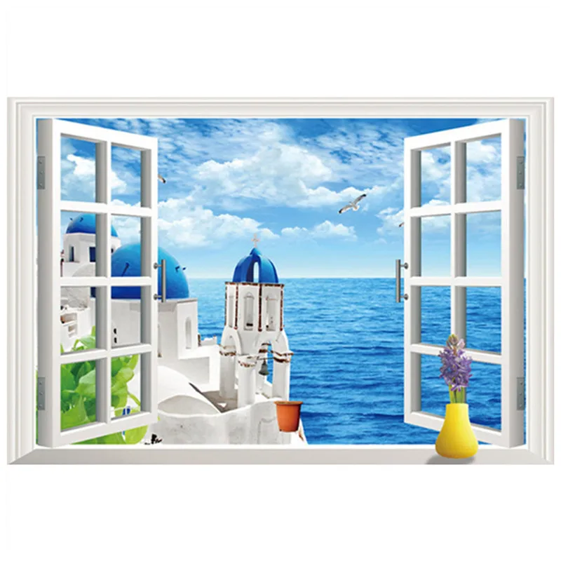 White Greece 3D Window View Decal Graphic WALL STICKER Decor Art Mural Sea H78 