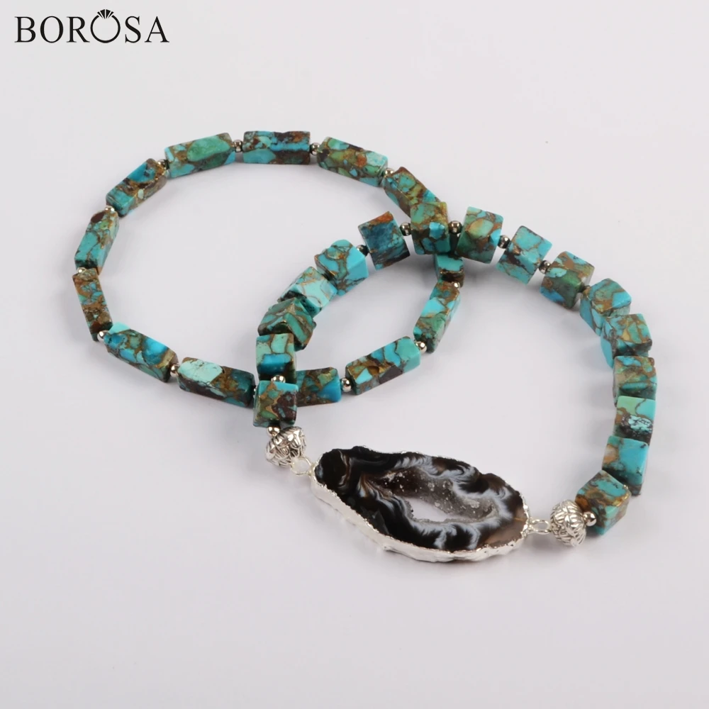 

BOROSA 3/5Sets Silver Color Natural Onyx Agates Druzy Slice With Square & Rectangle Cooper Turquoises Beads Bracelet Sets G1825
