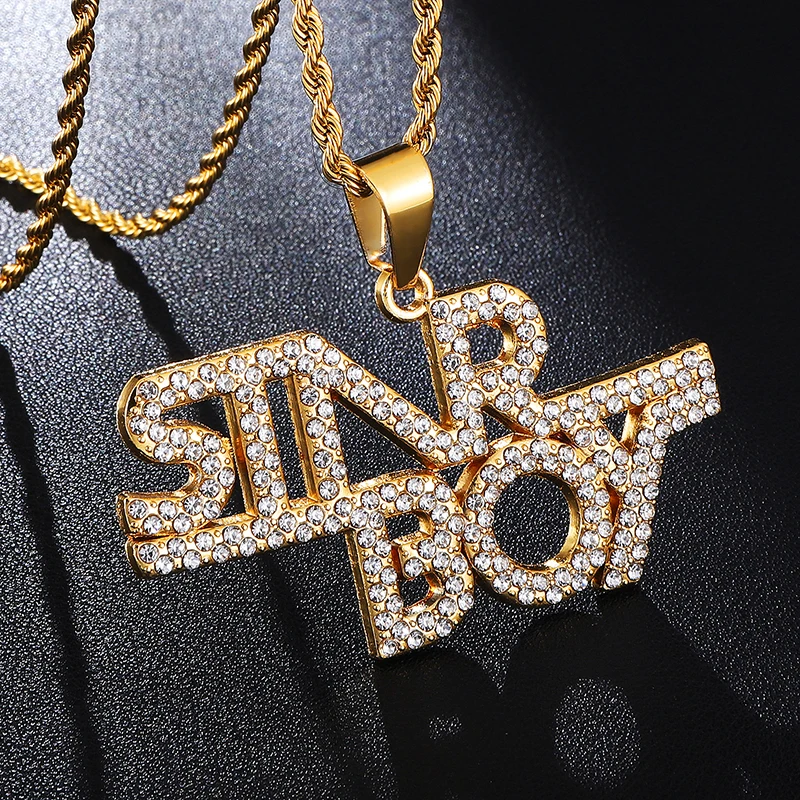 US7 золотой цвет буквы слова Bling Полный Rhinestoned Iced Out Веревка Цепи подвески и ожерелья для мужчин хип хоп ювелирные изделия