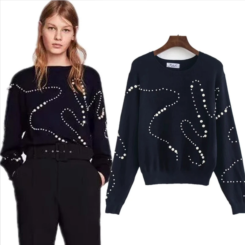 COZARII 2018 BTS women sweater england style panelled beading Pearls o-neck pullovers regular sweater women tops plus size