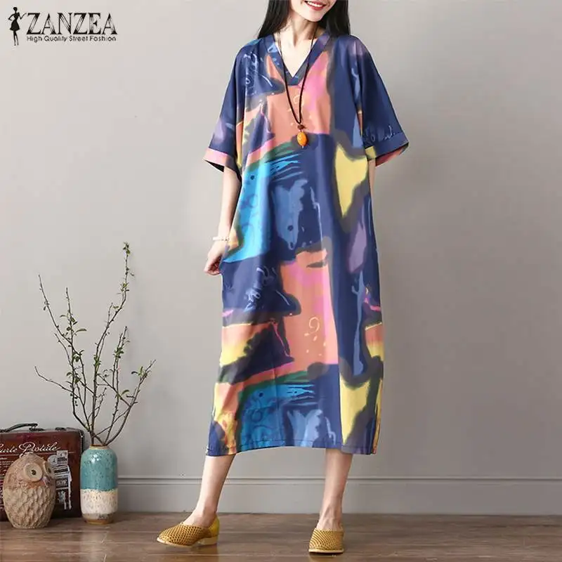 ZANZEA, винтажное платье миди с принтом, Vestidos, женский летний сарафан, Повседневная Туника с коротким рукавом, платье больших размеров, платье с геометрическим рисунком, Femme