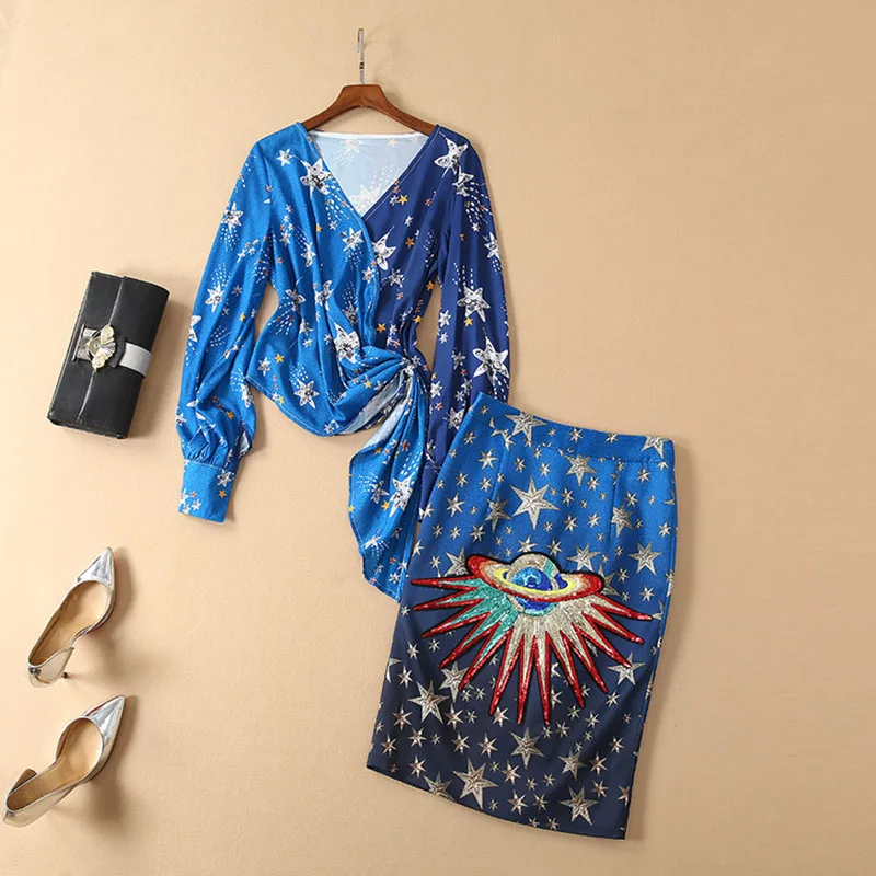 

HIGH QUALITY Newest 2019 Fashion Designer Runway Suit Set Women's v-neck Star Blouse Sequined Skirt Set