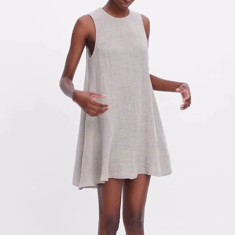 

Women Summer Sleeveless Dress 2019 New Fashion Khaki Cotton and Linen Material O-Neck Loose A-Line Dresses Feminino Vestidos