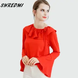 Swredmi 2018 весной и новые летние Свободные Твердые Цвет рубашка с длинными рукавами с расклешенными рукавами милые женские листьев лотоса