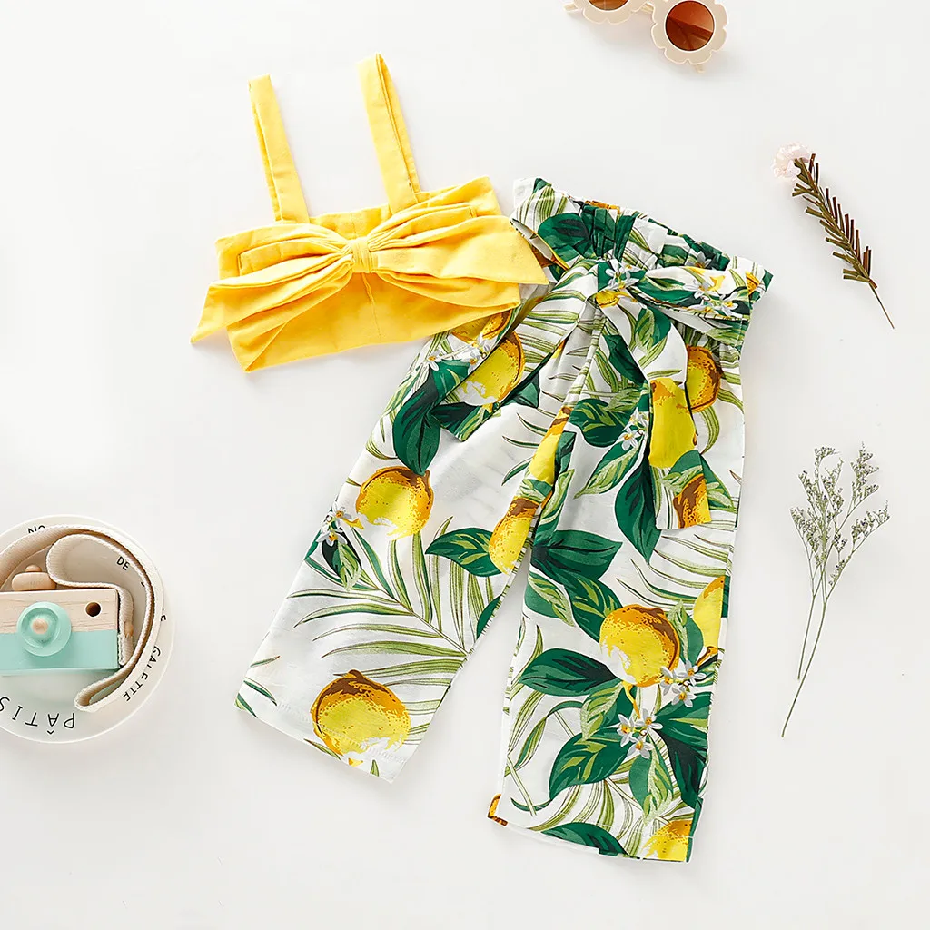 

2PC Toddler Baby Girls Kids Clothes Strap Sleeveless Solid Bow Vest Tops+Lemon Print Pants Outfits Summer Children Clothes Set