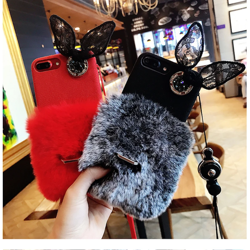 Christmas gift! for iphone 6 6s 7 8 plus Cute Luxury Red Black fur finger ring buckle diamond lace ear lanyard phone case cover |
