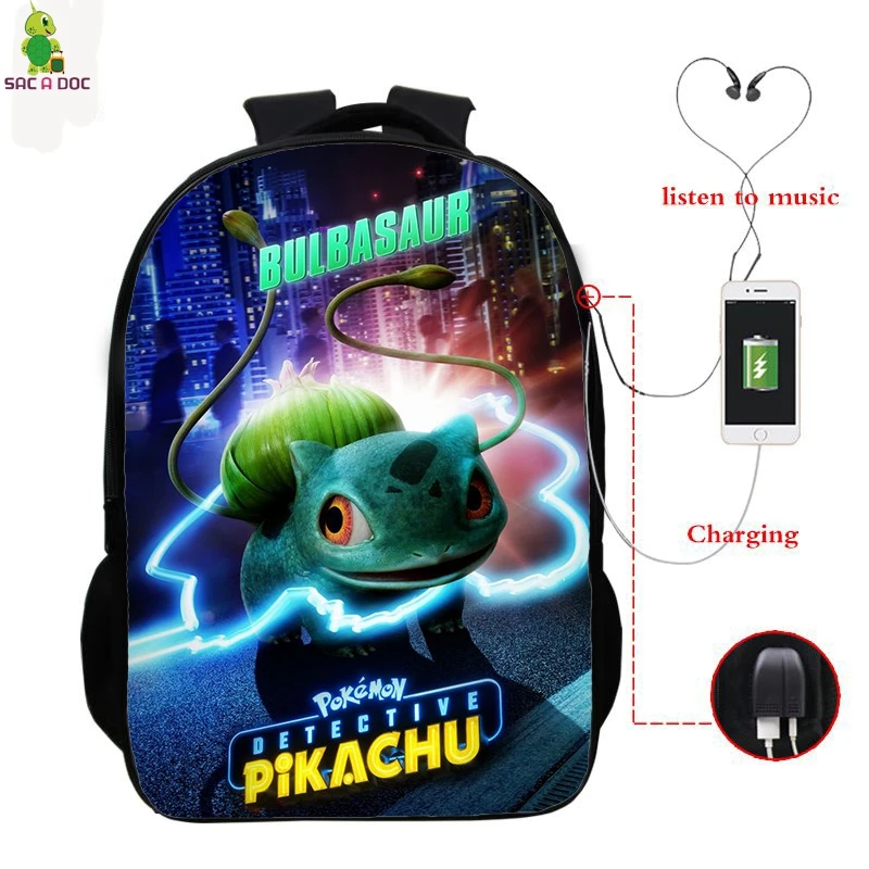 Pokemon детектив Пикачу USB Bagpack 16 дюймов школьные рюкзаки для подростков обувь мальчиков девочек рюкзак Пикачу BookBag Рюкзак для ноутбука