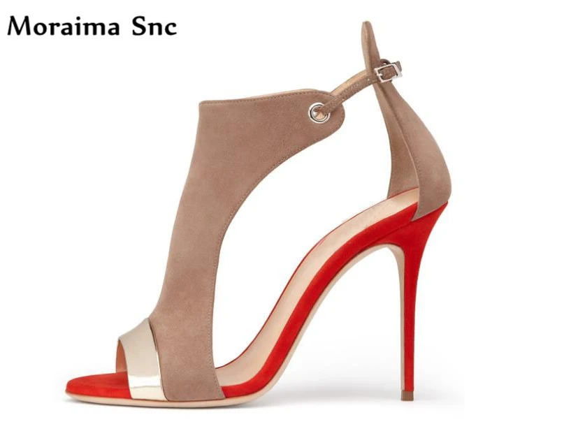 

Moraima Snc mixed colors vintage suede peep toe newest female sandals sexy high heels cut-out bling Ankle buckle summer shoes
