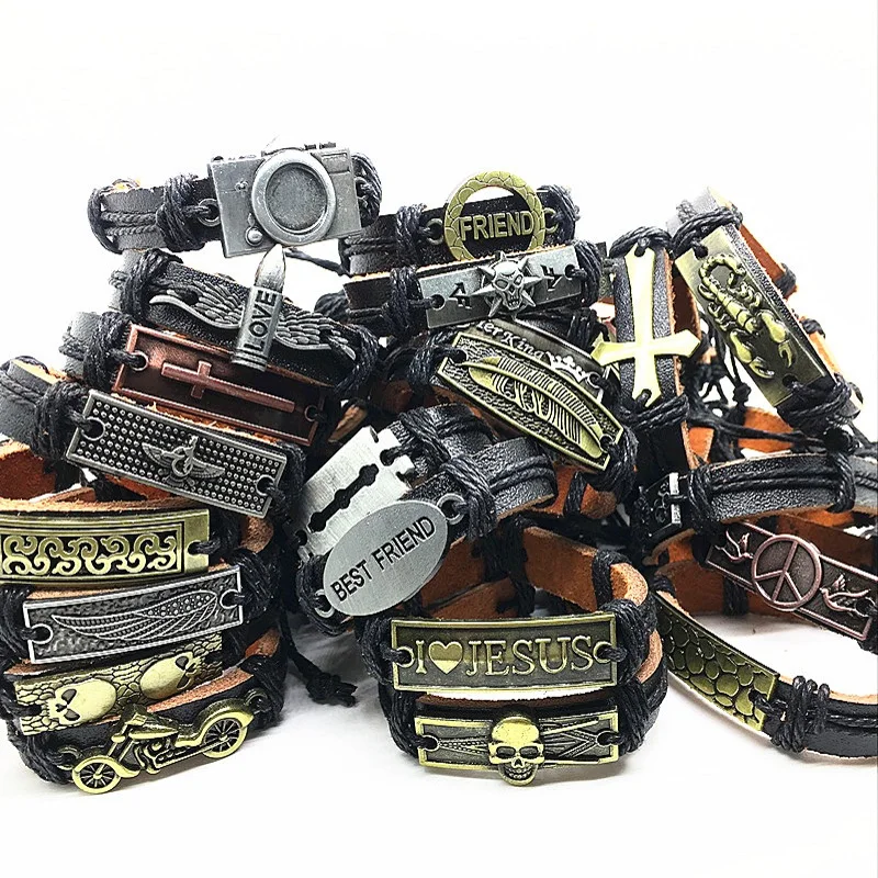 MIXMAX 30/50pcs genuine Cuff leather Bracelet Men Women mosaic Copper alloy bracelet bangle Handmade Jewelry Wholesale Lots Bulk