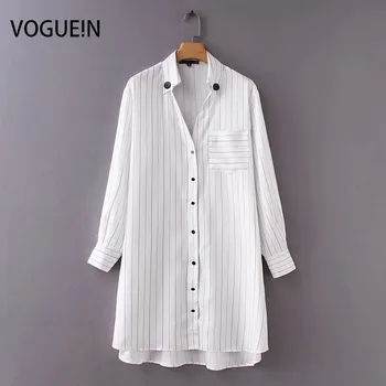 

VOGUEIN New Womens Casual Striped Print Long Sleeve Long Pocket Blouse Shirt Tops Wholesale