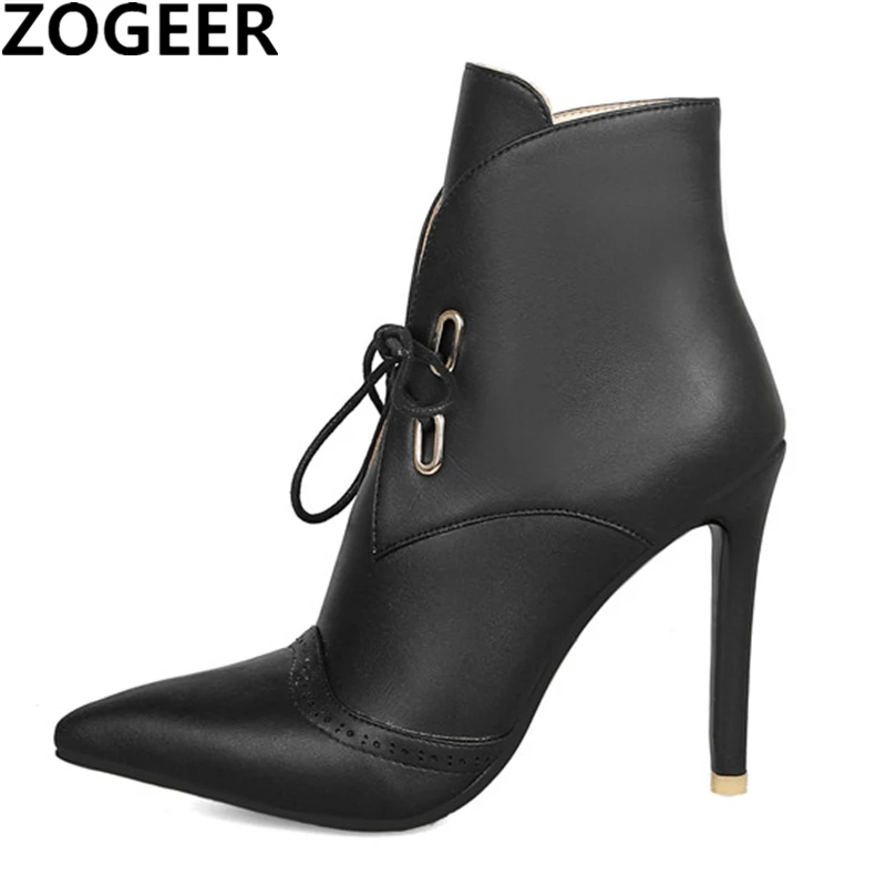 

Plus size 47 New 2019 Fashion Women Ankle Boots High Heels Lace-up Motorcycle Boots Sexy Pointed Toe White Black Ladies Shoes