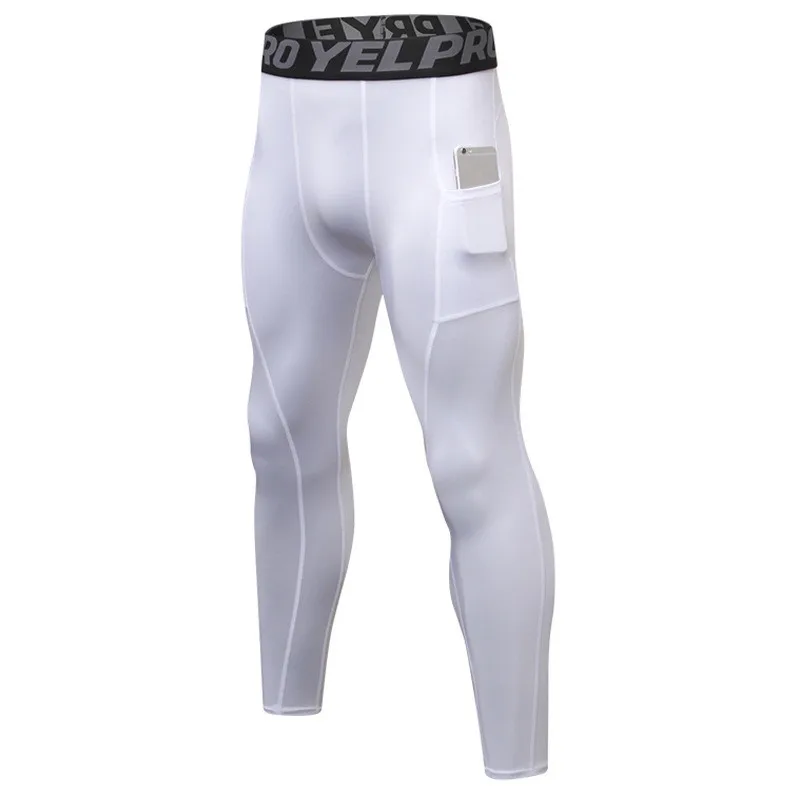 Спортивные тренажеры фитнес брюки для мужчин обтягивающие штаны с карманом Бодибилдинг колготки черные упражнения для брюк быстросохнущие леггинсы - Цвет: white