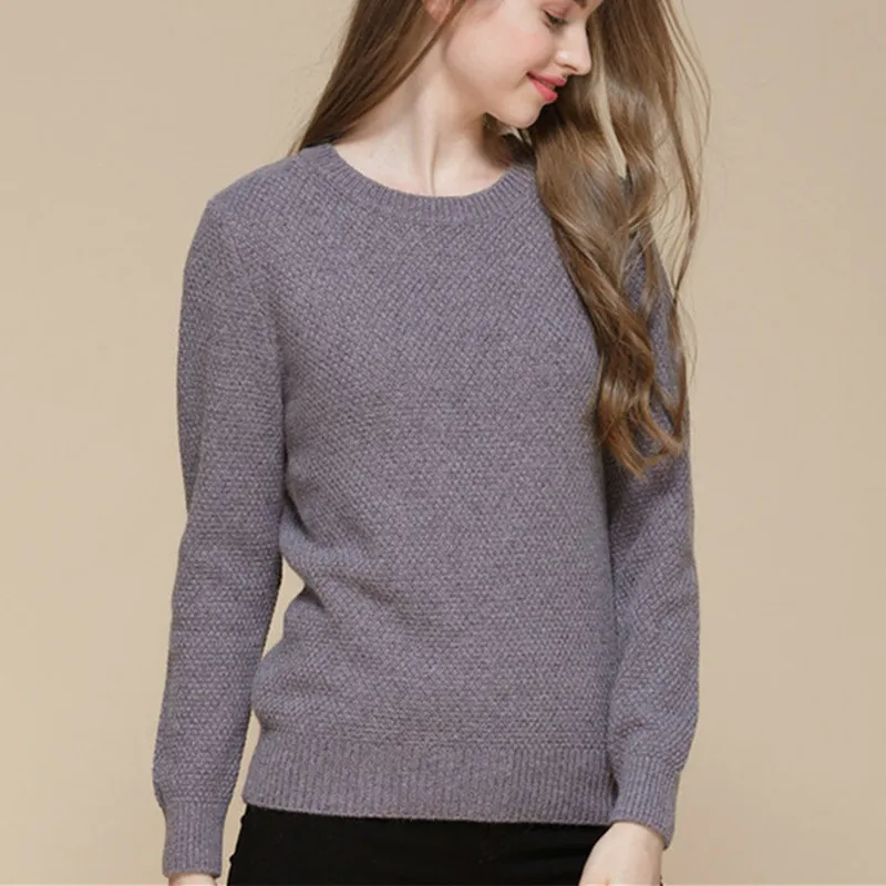  100%goat cashmere pineapple grain knit women fashion Oneck pullover sweater navy blue 5color S-2XL
