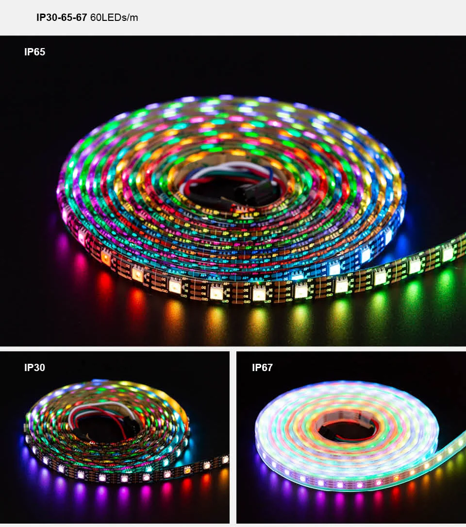 ws2813 rgb tira conduzida dual-sinal 1 m e 4 m e 5 m 30 e 60 e 100 e 144 pixels e leds e m ws2812b atualizado preto e branco pcb ip30 e ip65 e ip67 dc5v 11 High Quality led pixel strip