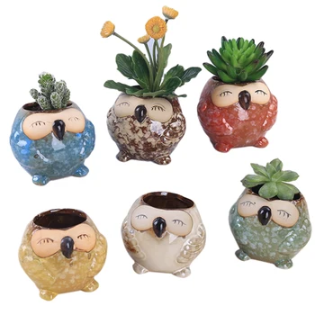 

6Pcs Transmutation Glaze Cute Animal Owl Pattern Mini Plant Pot Office Household Decoration Ceramic Flowerpot Garden Supplies
