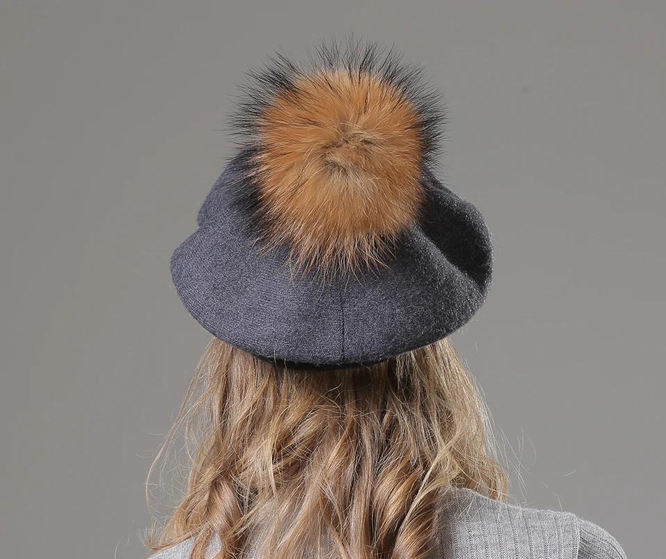 Women Beret Wool Hat Winter Knitted Wool Berets Real Fur Pompom Hats Beanies Female Top Quality Beret Cap (4)