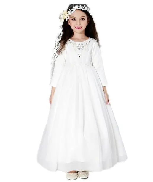 

Girl's Formal Dress 2018 Long Sleeve Diamond Flowers Princess Dresses Gauze Kids Party Ball Gowns Children's Wedding Dress White