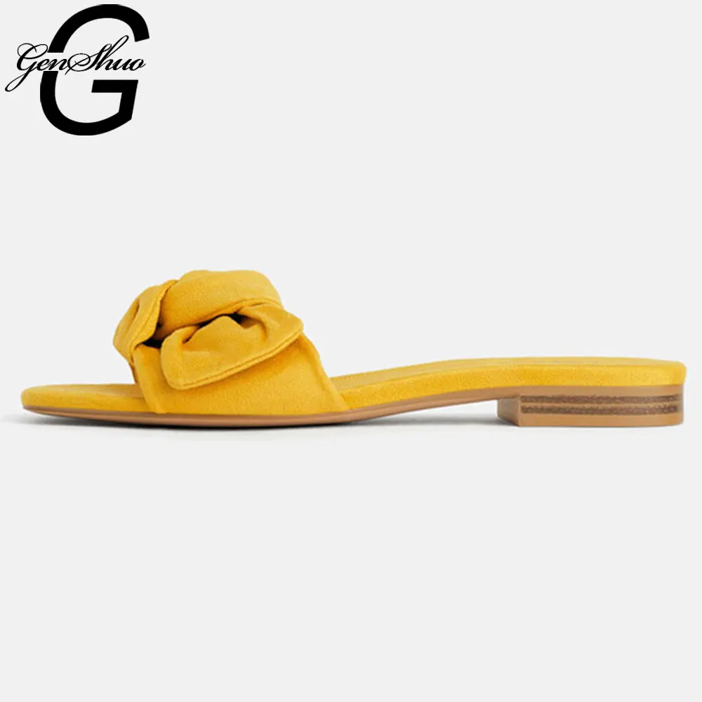 

GENSHUO Elegant Bow Knot Flat Heel Open Toe Slide Slippers Casual Yellow Beach Flip Flops Outdoor Flat Shoes Woman for Summer