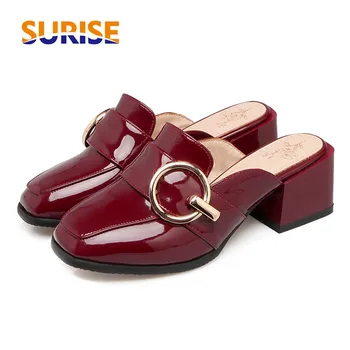

Big Size 5cm Women Mules Medium Slides High Block Heels Patent Leather Buckle Square Toe Summer Red Black Outdoor Lady Slippers