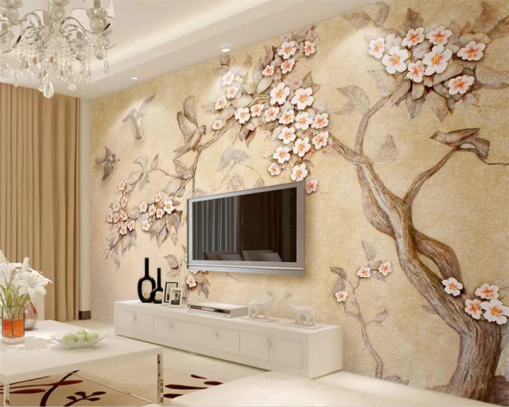 Beibehang Custom wallpaper 3d three-dimensional embossed colorful carved flowers branches birds TV background wall 3d wallpaper european style blue damask 3d pvc embossed wallpaper luxury bedroom living room striped vinyl wall paper floral papel de pared