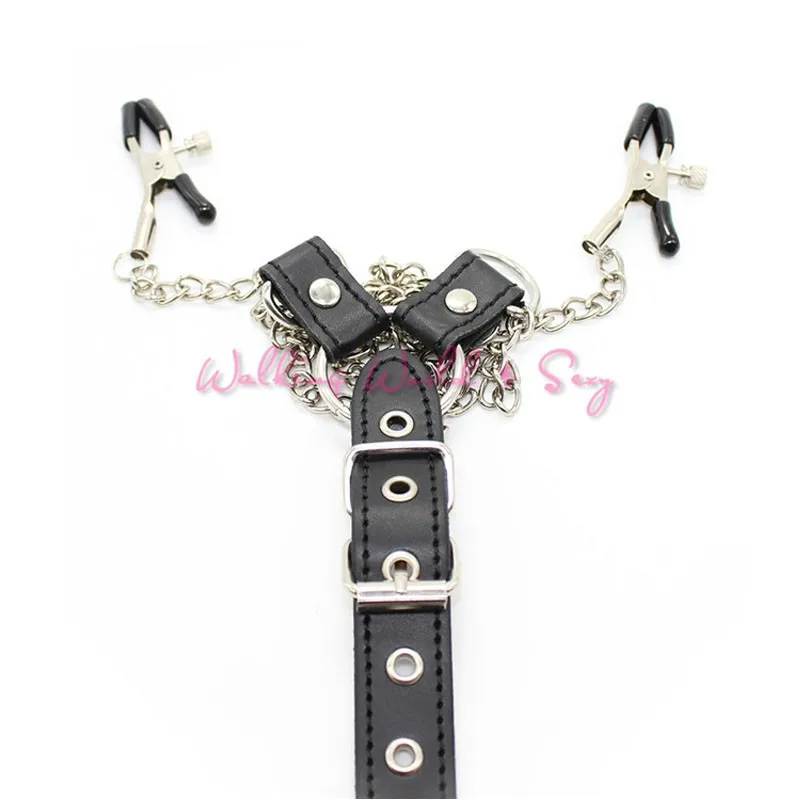 Adult Game Sex Toys For Men PU Leather+ Metal Chain Nipple Clamps With A Cock Rings Fetish Teat Clips And Penis Ring Erotic Toys (1)