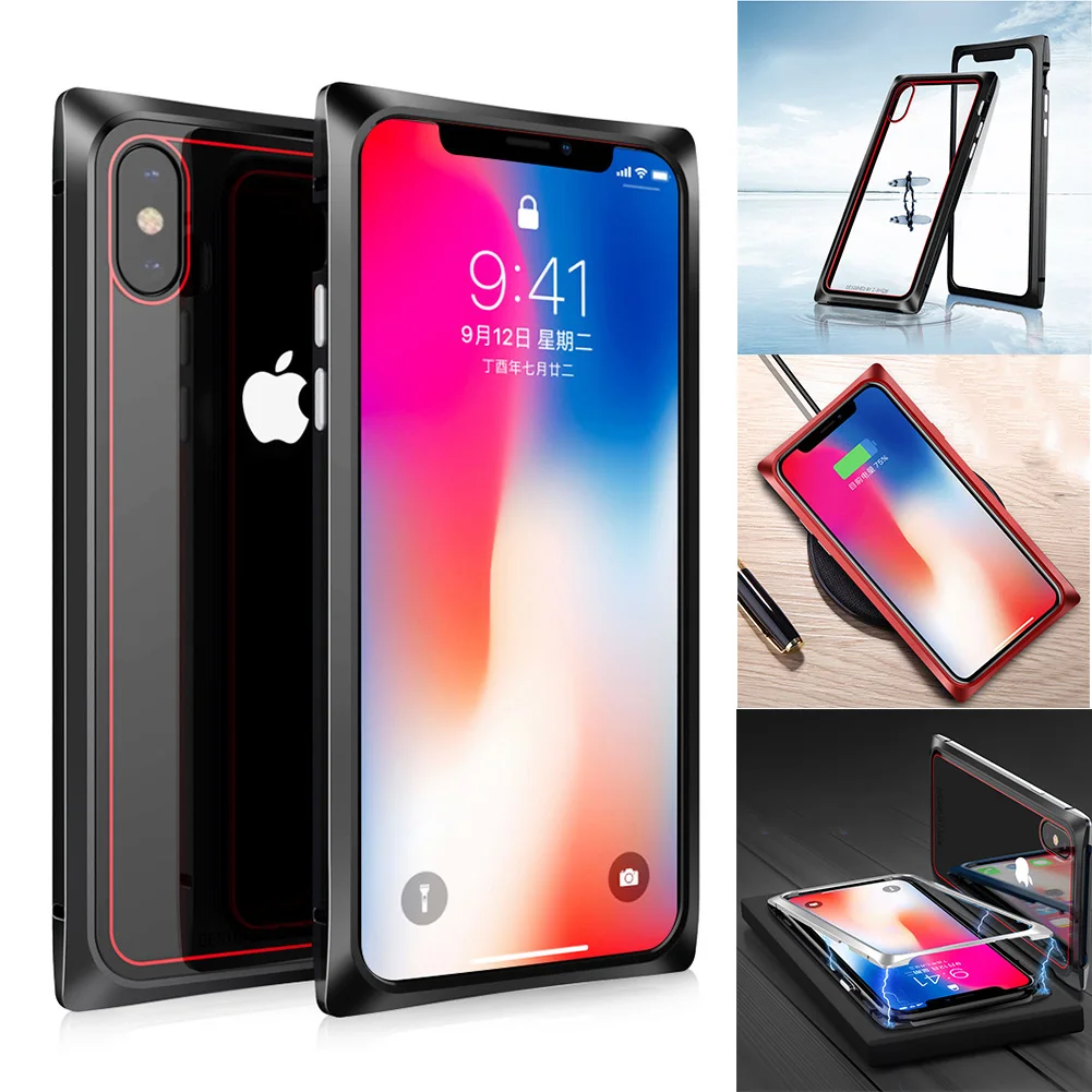 Magnetic Adsorption Phone Case for iPhone X 7 8 Plus Square Transparent Clear Tempered Glass Magnet Back Metal Frame Funda |