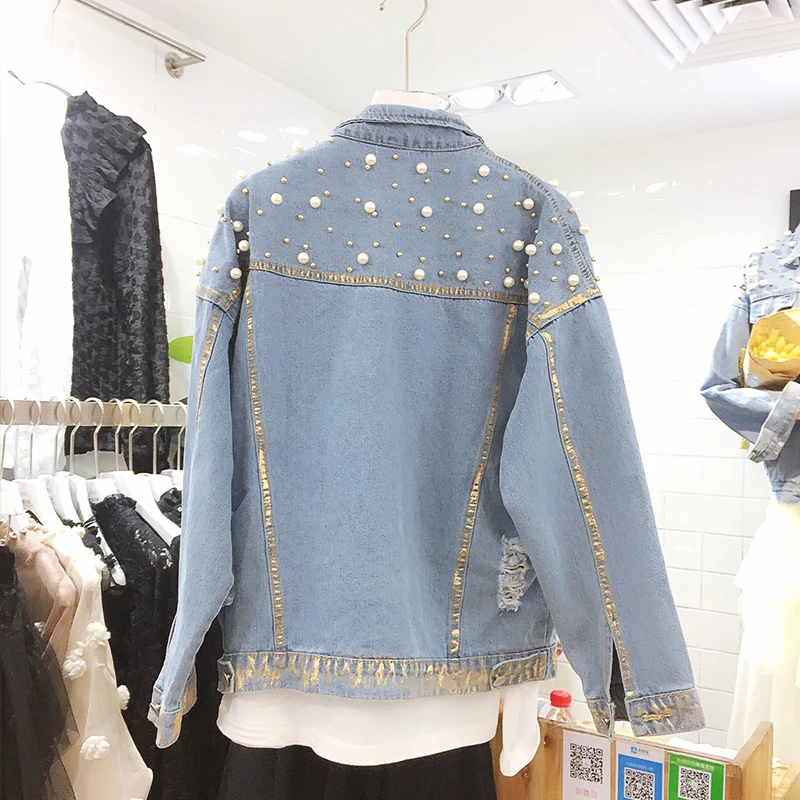 2018 Spring BF Style Women Basic Coats Women Denim Jacket Pearls Beading Jeans Coat Loose Long Sleeve jeans jacket women 2018 Spring BF Style Women Basic Coats Women Denim Jacket Pearls Beading Jeans Coat Loose Long Sleeve jeans jacket women