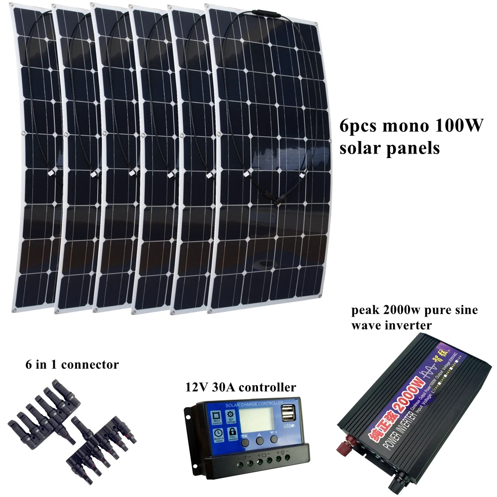 

6pcs 20V 100W Flexible Solar Panel Module with 30A Controller and 2000W Pure Sine Wave Inverter 600W Solar P System
