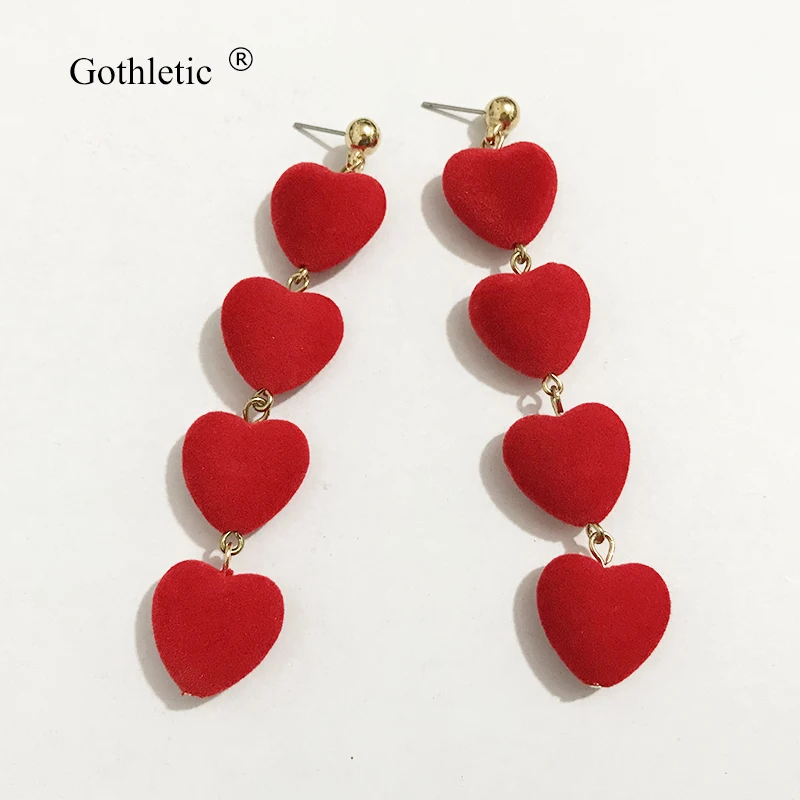 Готические бархатные серьги в форме сердца для женщин, длинные висячие серьги с 4 сердечками, бордовые массивные серьги, модное ювелирное изделие