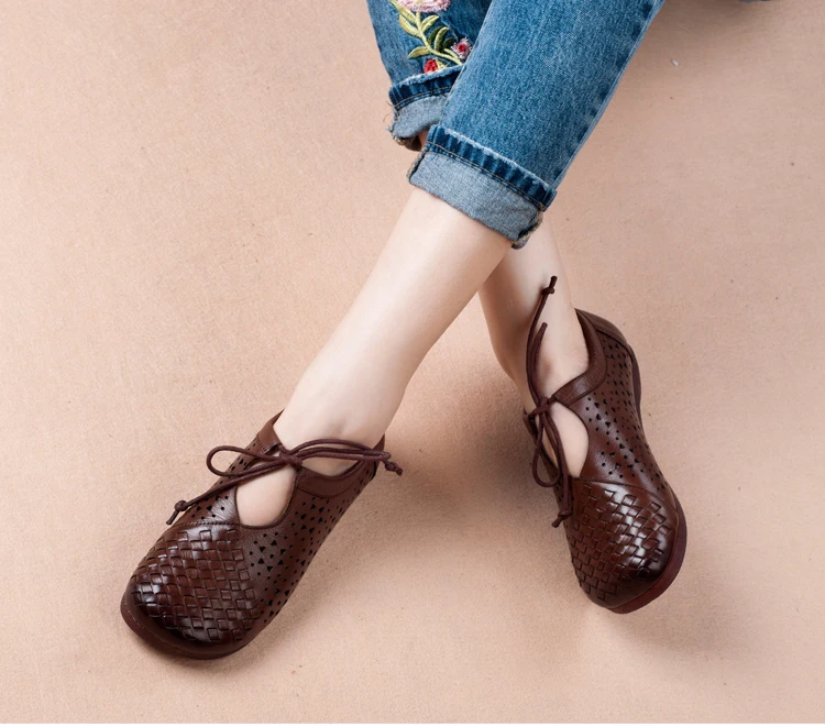 Women Flats 2018 Summer Retro Handmade Breathable Flat Cow Leather Hole Shoes Comfortable Female Sandals Lace Up Vintage Shoes (7)