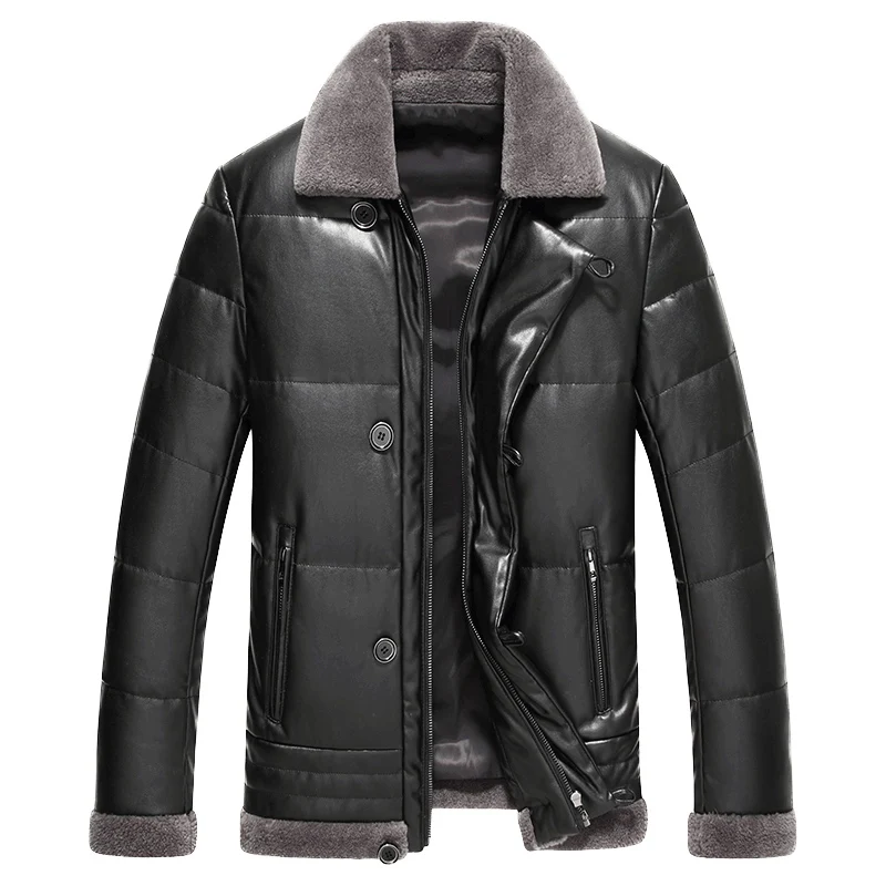 Leather Coat Down Real Leather Down Jacket White Duck Down Filling Warm Men's Fur Wool Collar Winter Genuine Leather Coat Fashin